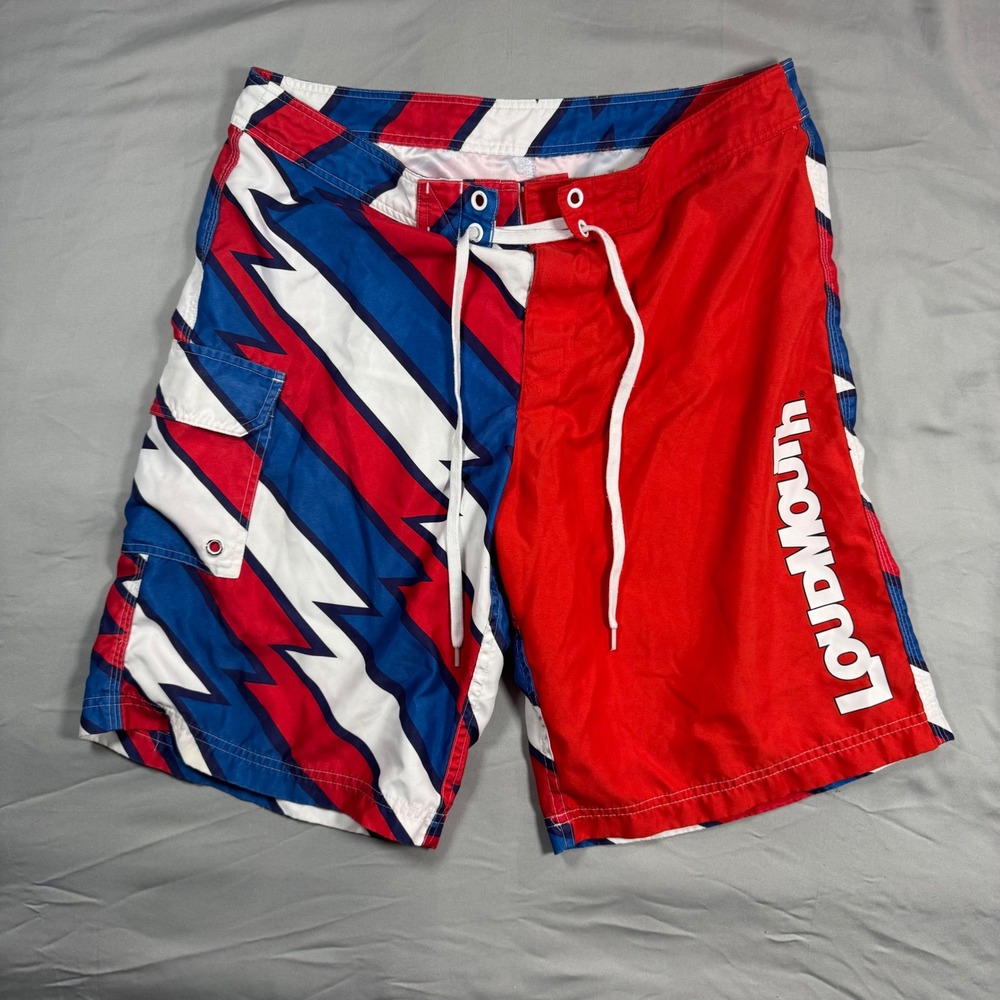 Loudmouth Board Shorts Mens 36 Red White Blue Lightning Bolt Swim Trunks